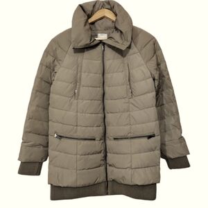 DKNY Down Puffer Coat Ribbed Trim Full Zip Hidden Hoodie Longline Pockets Winter